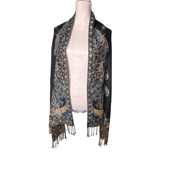 Accessories - Paisley metallic blue, gold fringe‎ shawl scarf, sarong bohemian GypsyGoth